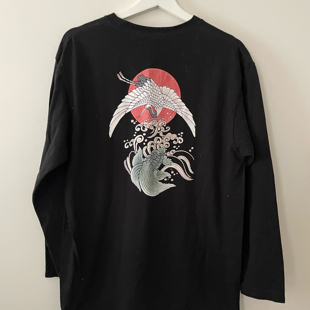 Black Long Sleeve Shirt with Crane and Wave Design